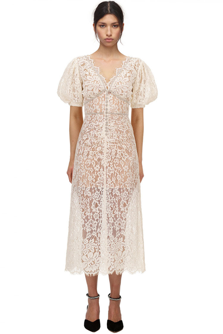 Rhinestone Sparkly V Neck Lace Cocktail Party Midi Dress - Cream
