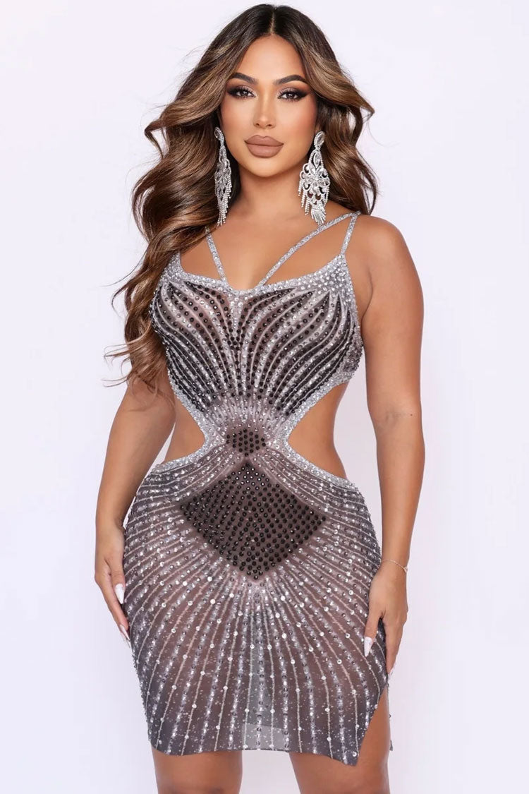 Sequined Rhinestone V Neck Sheer Mesh Cutout Party Mini Dress - Black