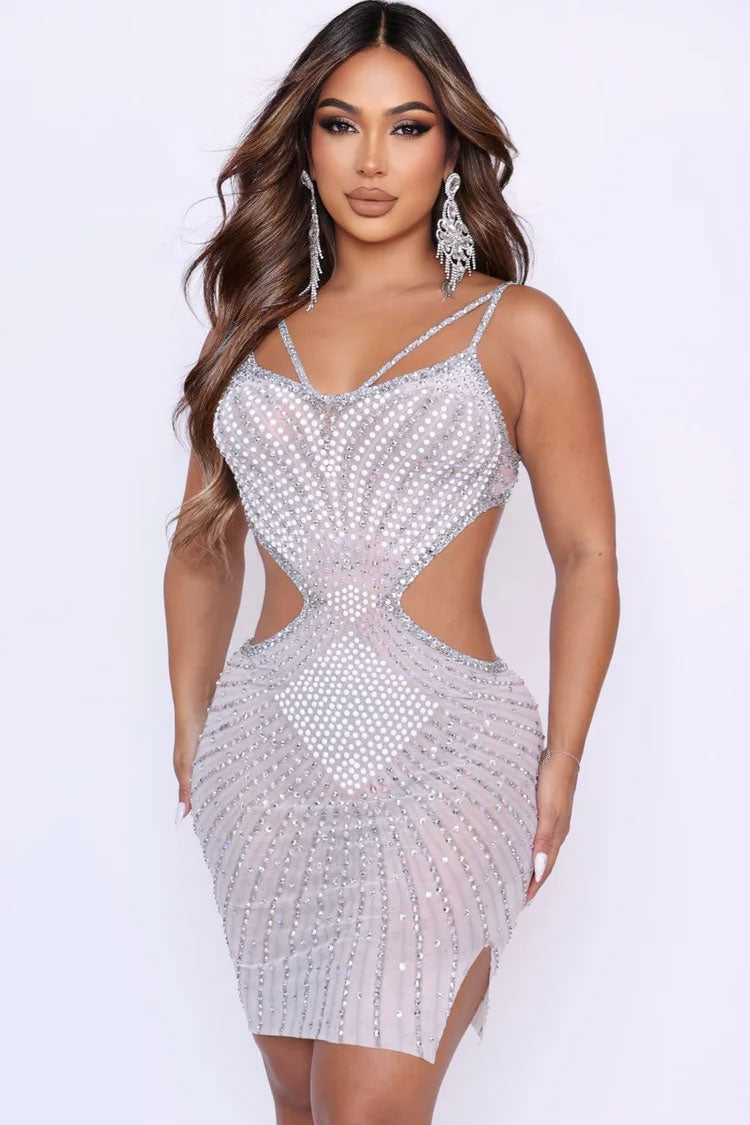 Shimmer Rhinestone V Neck Sheer Mesh Cutout Party Mini Dress - Ivory