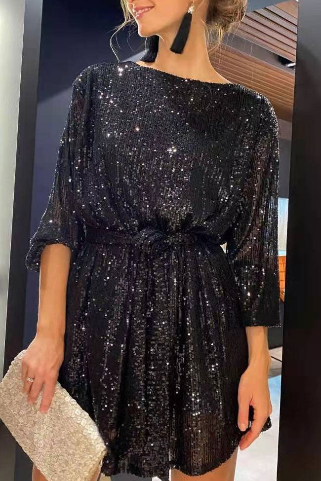 Sequined Round Neck Bishop Sleeve Belted Sequin Mini Dress - Black