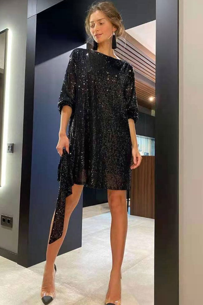 Sequined Round Neck Bishop Sleeve Belted Sequin Mini Dress - Black