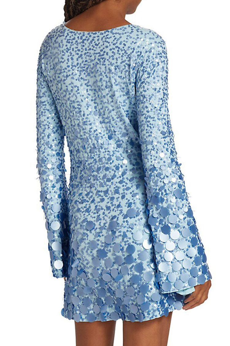 Sequined Round Neck Long Sleeve Bodycon Sequin Party Mini Dress - Blue