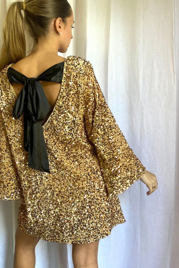 Sequined Sequin Bow Tie Long Sleeve Oversized Velvet Party Mini Dress - Gold