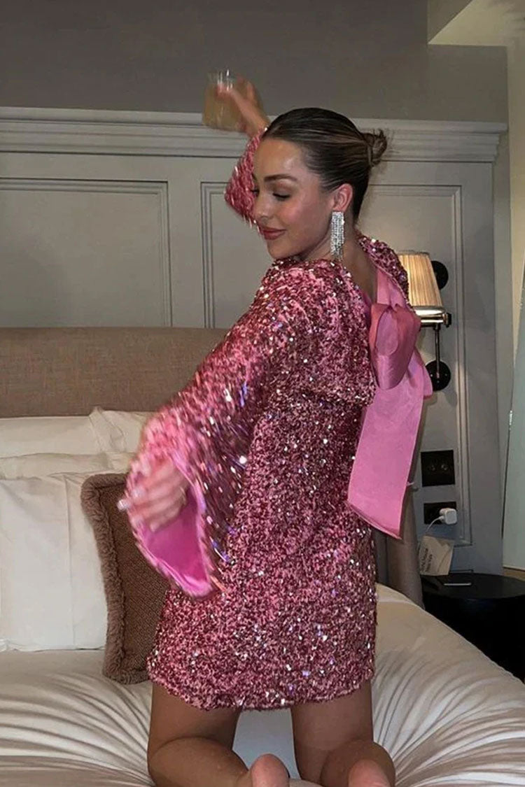 Glam Sequin Bow Tie Long Sleeve Oversized Velvet Party Mini Dress - Hot Pink