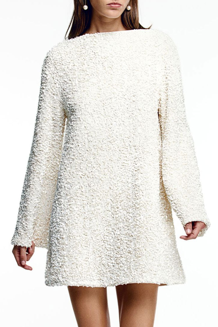 Glam Sequin Bow Tie Long Sleeve Oversized Velvet Party Mini Dress - White