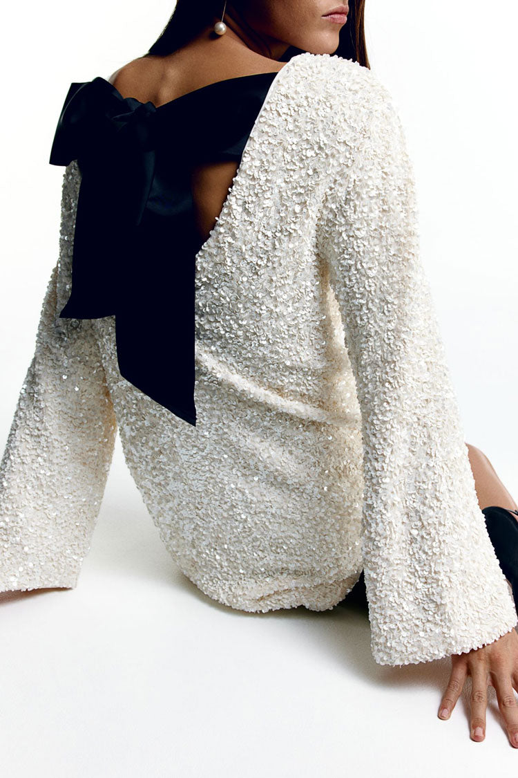 Glam Sequin Bow Tie Long Sleeve Oversized Velvet Party Mini Dress - White