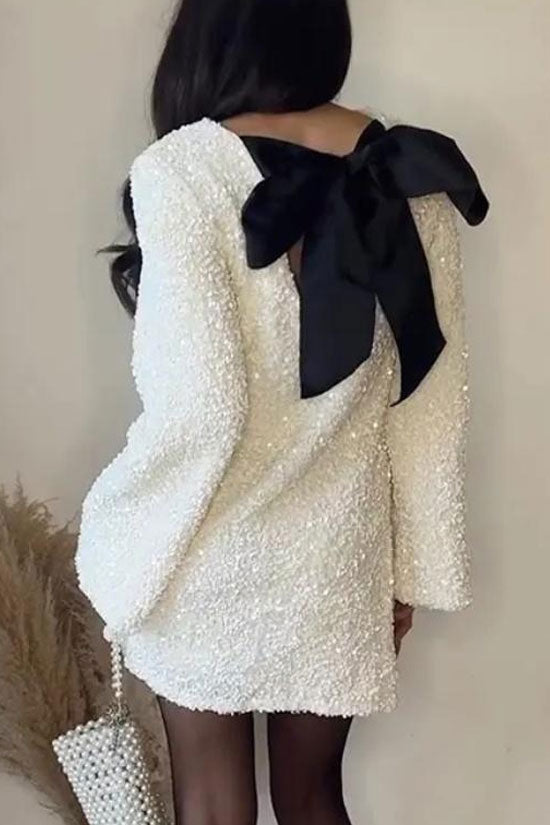 Glam Sequin Bow Tie Long Sleeve Oversized Velvet Party Mini Dress - White