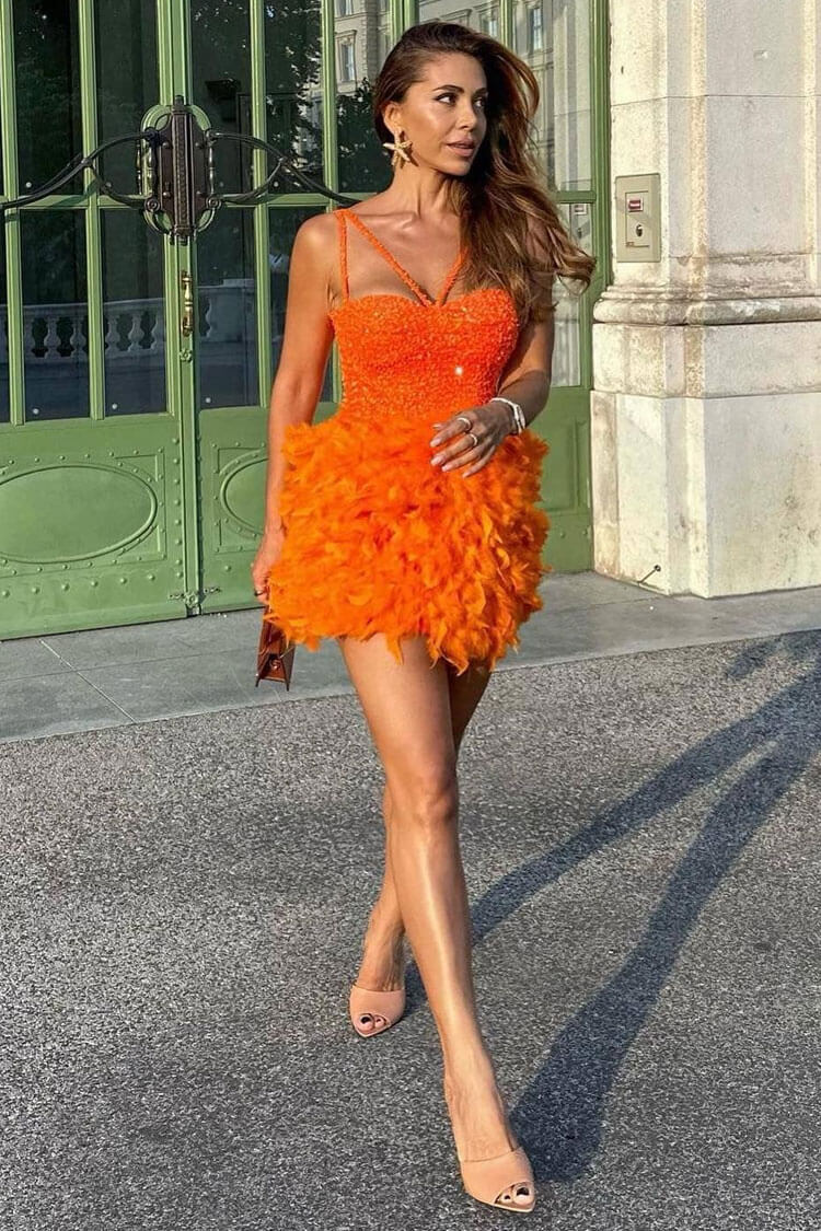 Glam Sequin Bustier Sleeveless Feather Trim Party Mini Dress - Burnt Orange