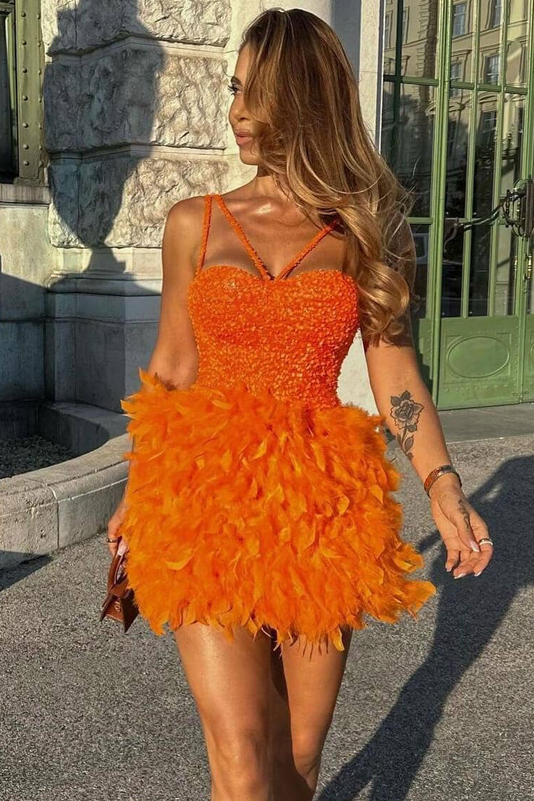Glam Sequin Bustier Sleeveless Feather Trim Party Mini Dress - Burnt Orange