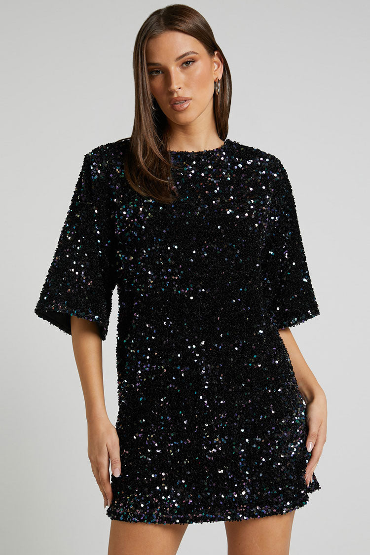 Sequined Sequin Crew Neck Short Sleeve Oversized Velvet Party Mini Dress - Black