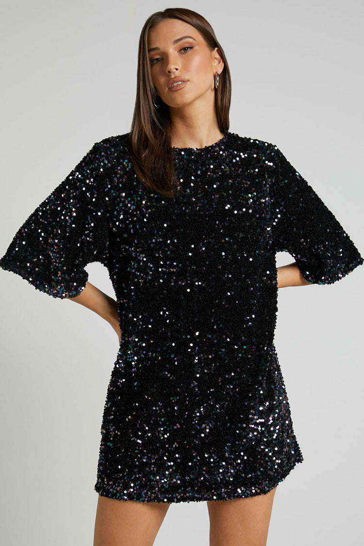 Sequined Sequin Crew Neck Short Sleeve Oversized Velvet Party Mini Dress - Black