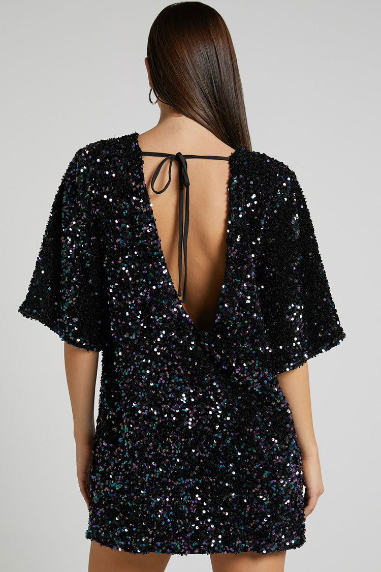 Sequined Sequin Crew Neck Short Sleeve Oversized Velvet Party Mini Dress - Black