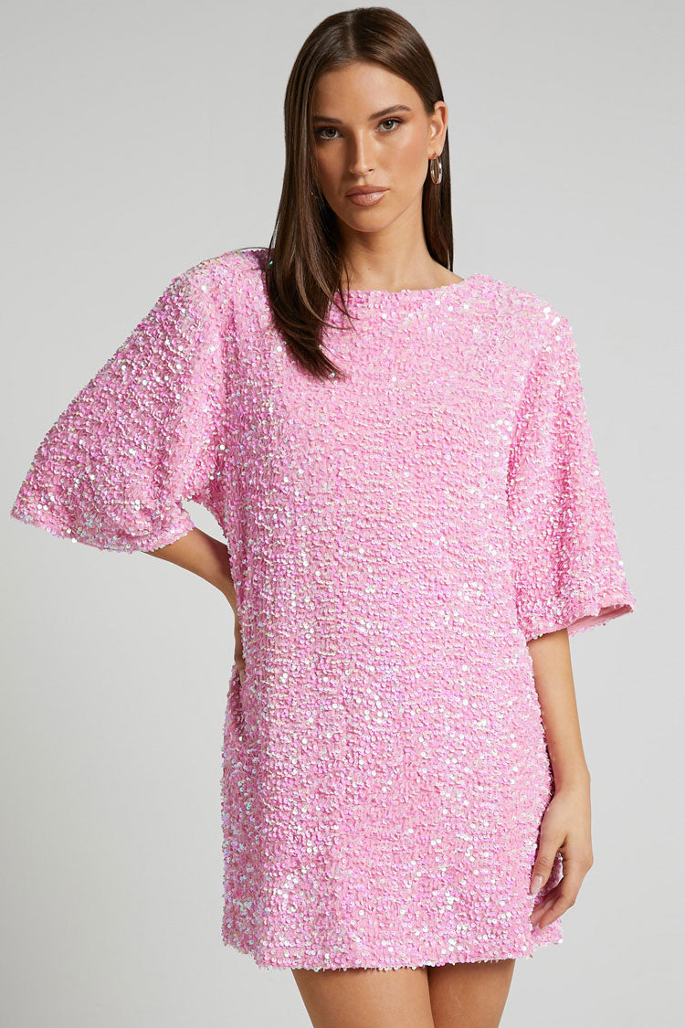 Sequined Sequin Crew Neck Short Sleeve Oversized Velvet Party Mini Dress - Pink
