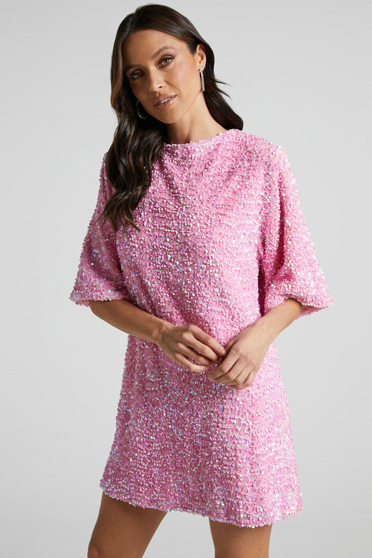 Sequined Sequin Crew Neck Short Sleeve Oversized Velvet Party Mini Dress - Pink