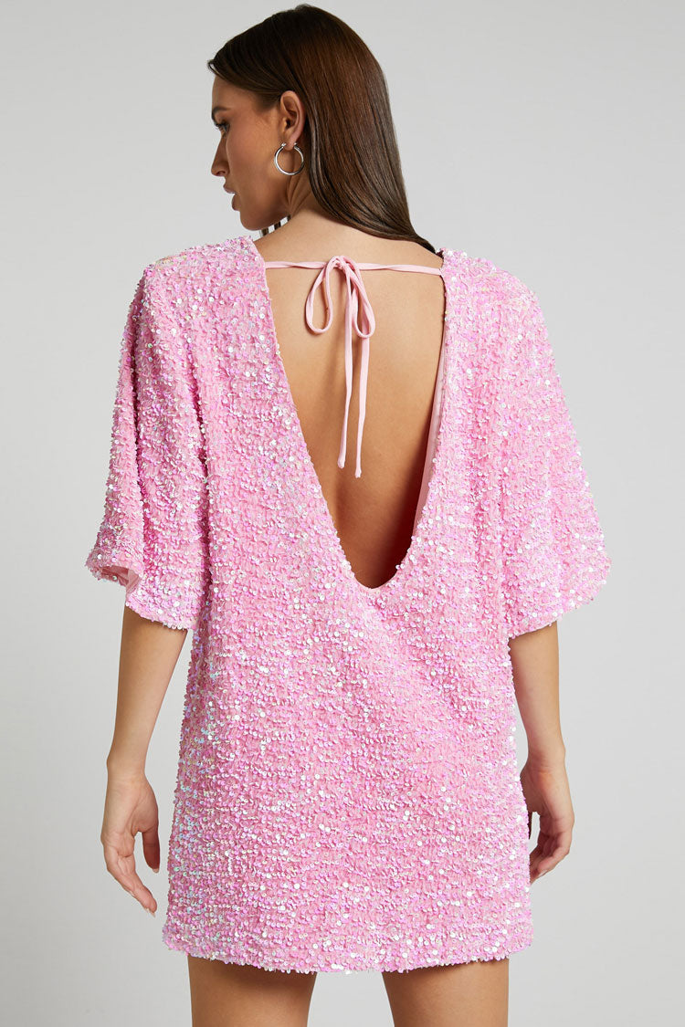 Sequined Sequin Crew Neck Short Sleeve Oversized Velvet Party Mini Dress - Pink