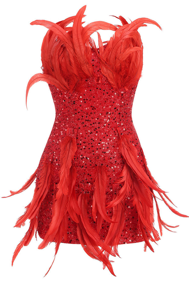 Sequined Sequin Faux Feather Bodycon Strapless Party Mini Dress - Red