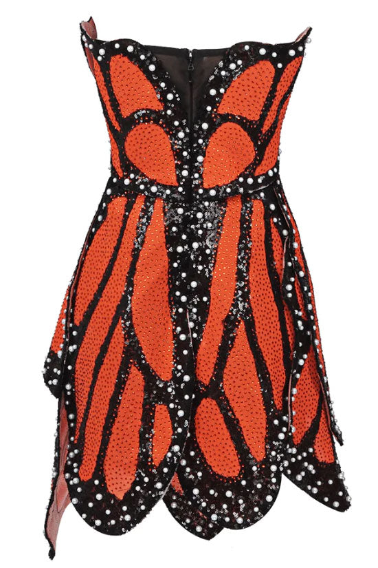 Shimmer Sequin Faux Pearl Crystal Butterfly Strapless Party Mini Dress - Burnt Orange