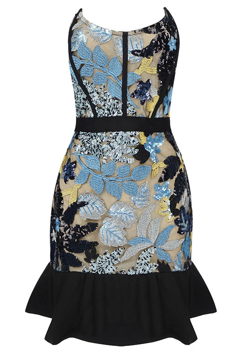 Sparkly Sequin Flower Ruffle Strapless Party Mini Dress - Sky Blue