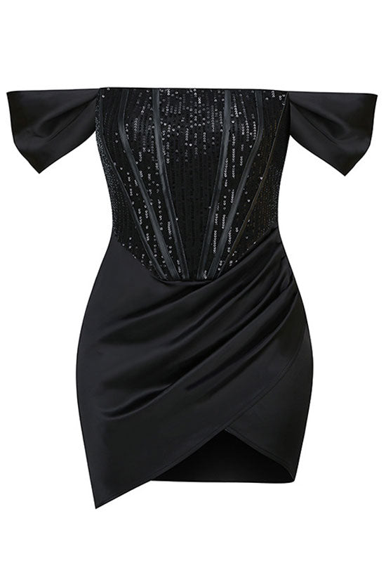 Glam Sequin Off Shoulder Satin Corset Club Mini Dress - Black
