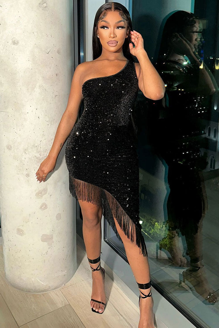 Sequined Sequin One Shoulder Velvet Bodycon Fringe Flapper Mini Dress - Black