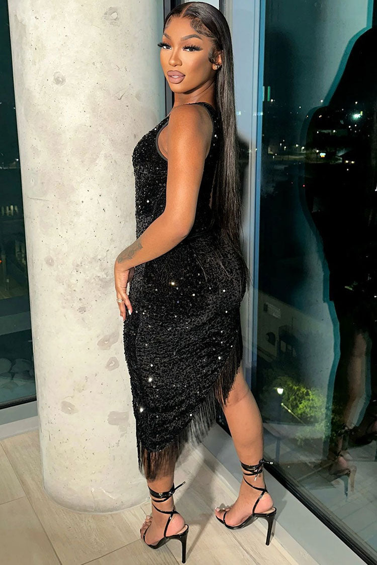 Sequined Sequin One Shoulder Velvet Bodycon Fringe Flapper Mini Dress - Black