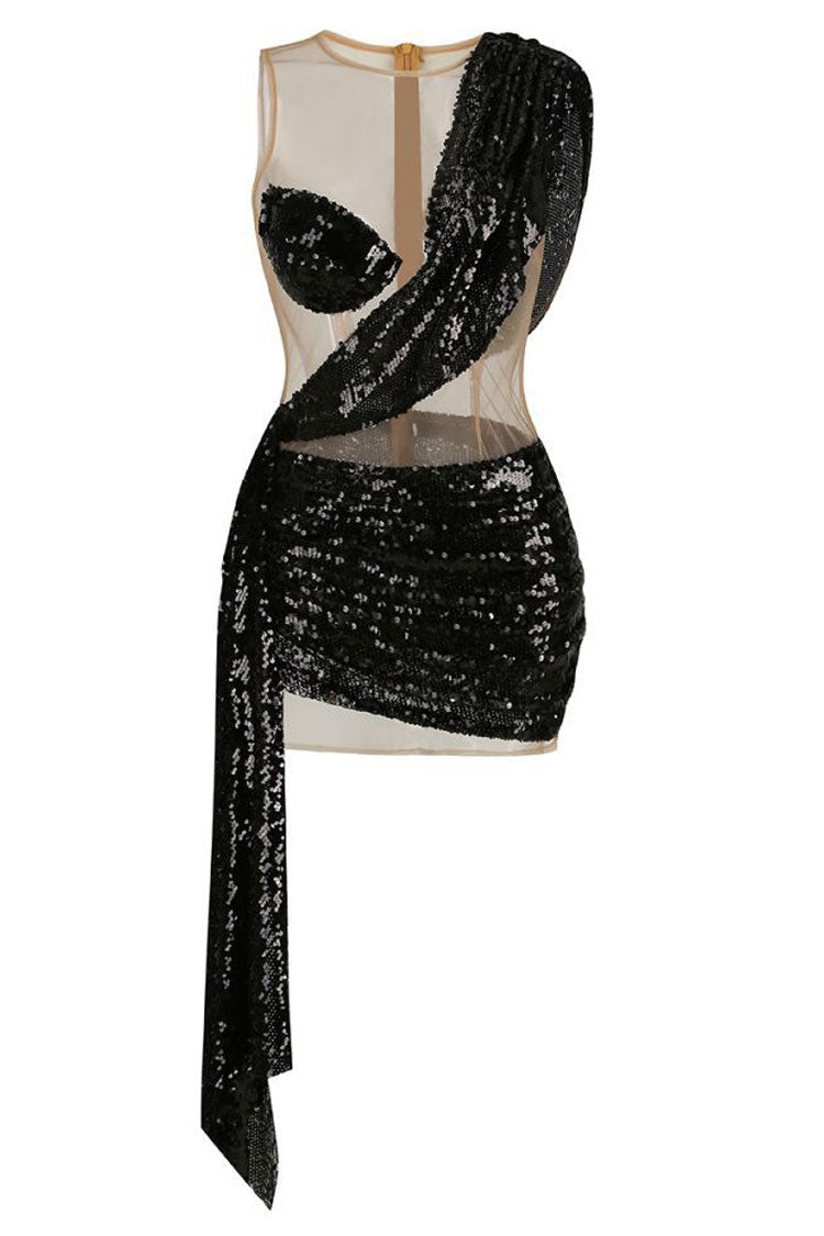 Shimmer Sequin Panel Sheer Mesh Ruched Draped Bodycon Club Mini Dress - Black