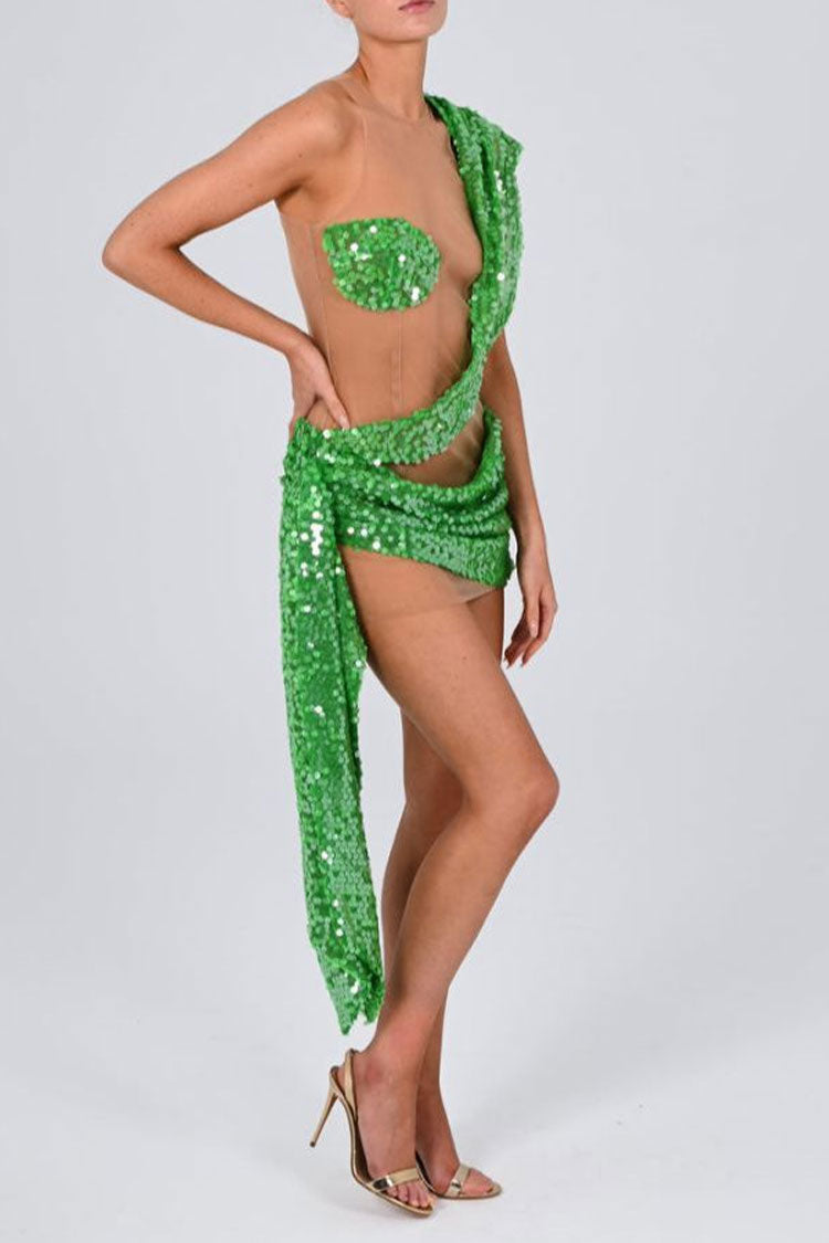 Sequined Sequin Panel Sheer Mesh Ruched Draped Bodycon Club Mini Dress - Green