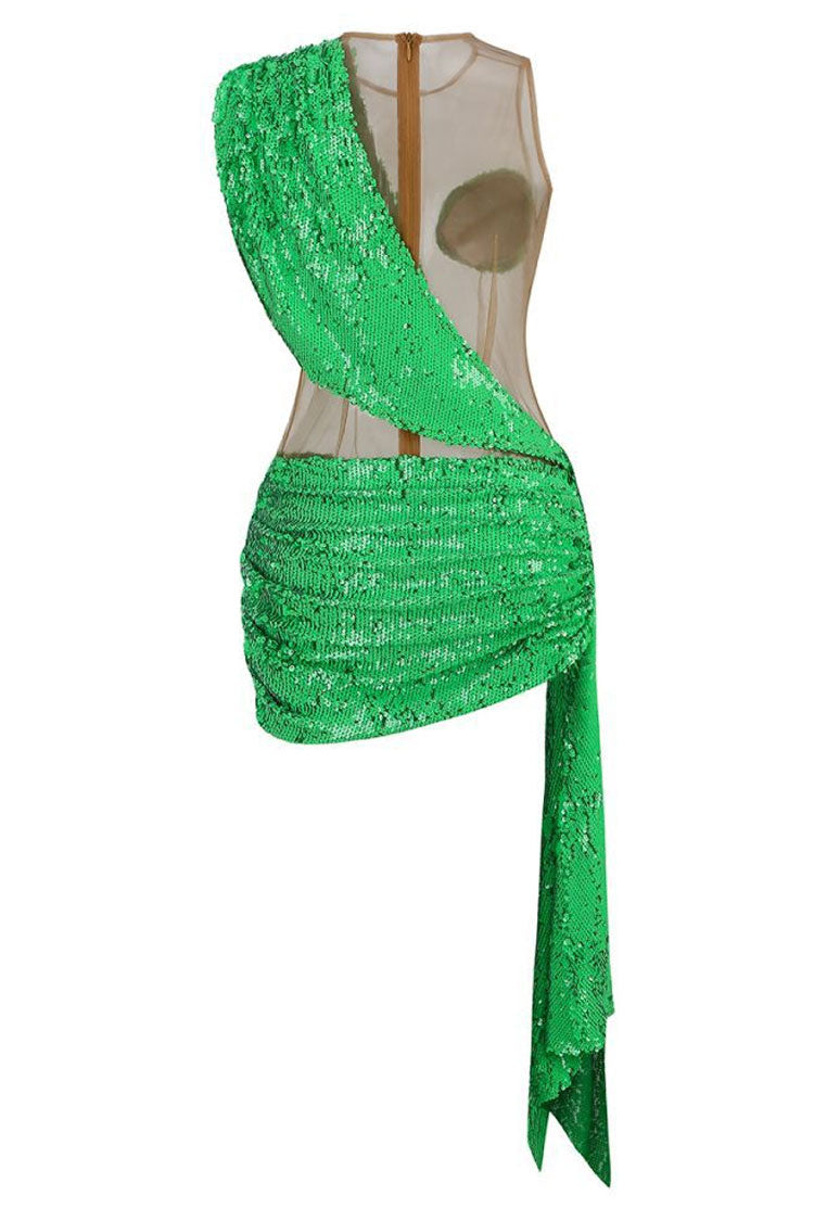 Sequined Sequin Panel Sheer Mesh Ruched Draped Bodycon Club Mini Dress - Green