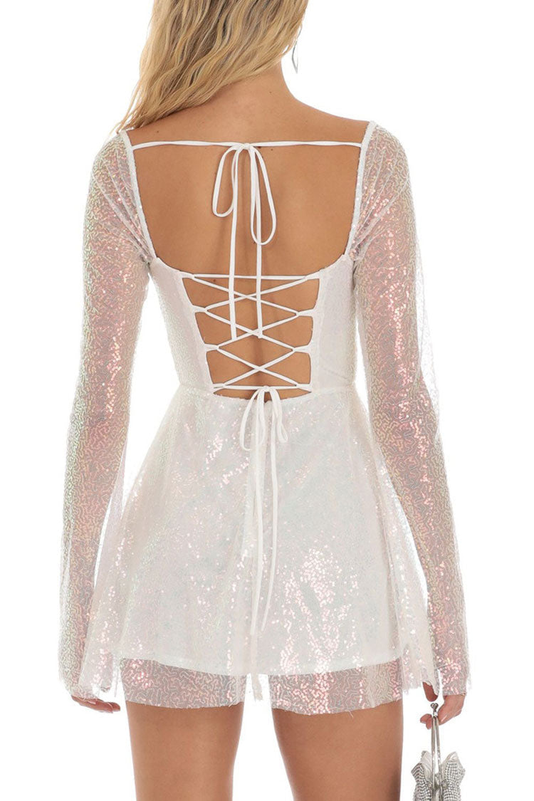 Glam Sequin Pleated Square Neck Bell Sleeve Skater Party Mini Dress - White