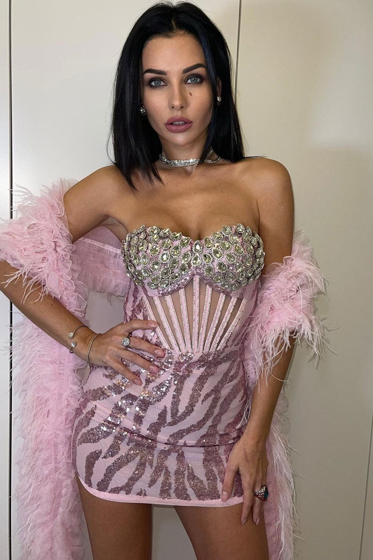 Shimmer Sequin Rhinestone Bustier Mesh Corset Party Mini Dress - Pink