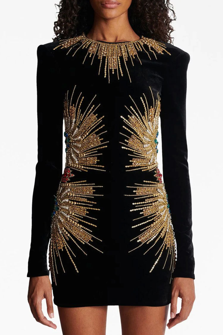 Glam Sequin Rhinestone Crew Neck Long Sleeve Velvet Party Mini Dress - Black
