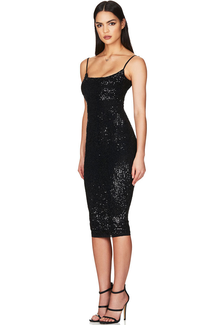Sequin Sparkly Scoop Neck Spaghetti Strap Cocktail Party Midi Dress - Black