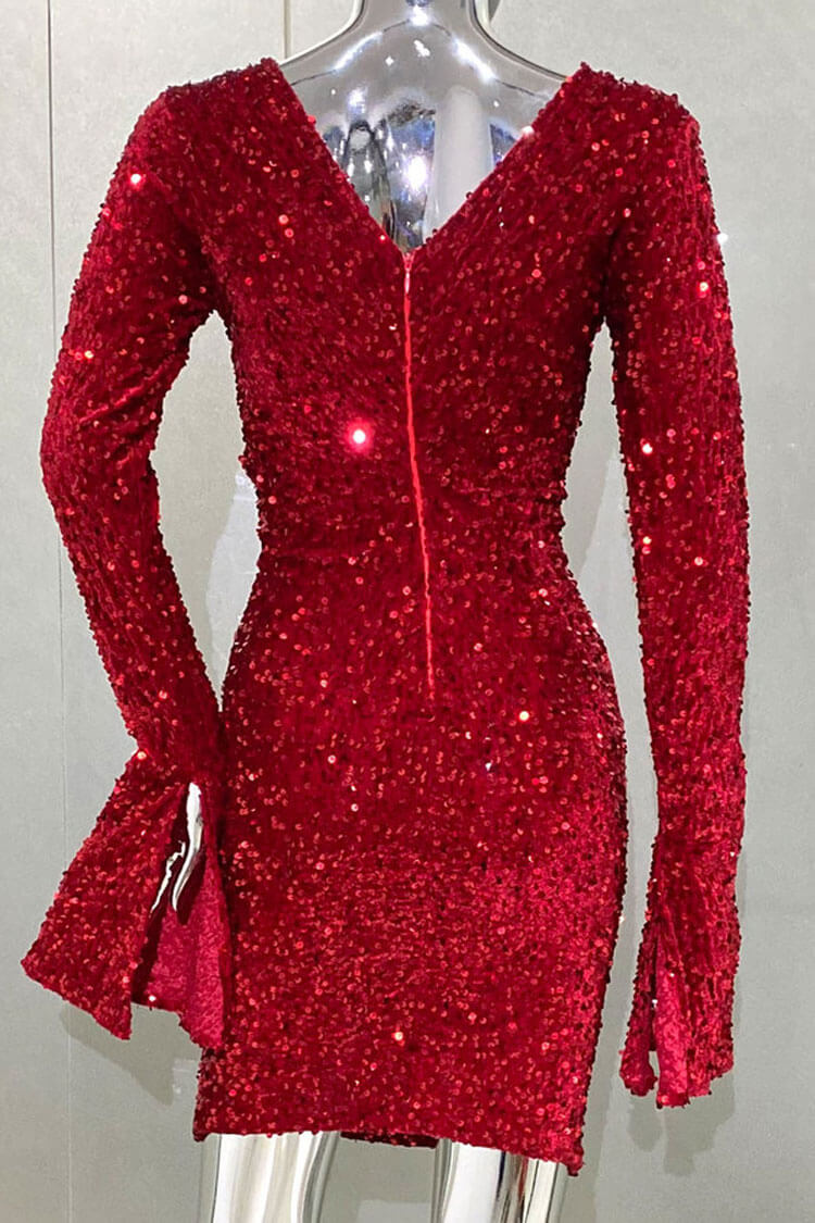 Shimmer Sequin Twist Cutout Long Sleeve Velvet Ruched Bodycon Party Mini Dress - Red