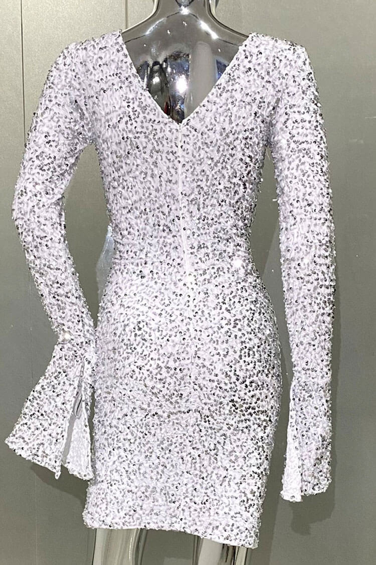 Shimmer Sequin Twist Cutout Long Sleeve Velvet Ruched Bodycon Party Mini Dress - White