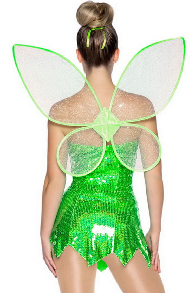 Glam Sequin Wing Trim Forest Fairy Elf Halloween Party Mini Dress - Green