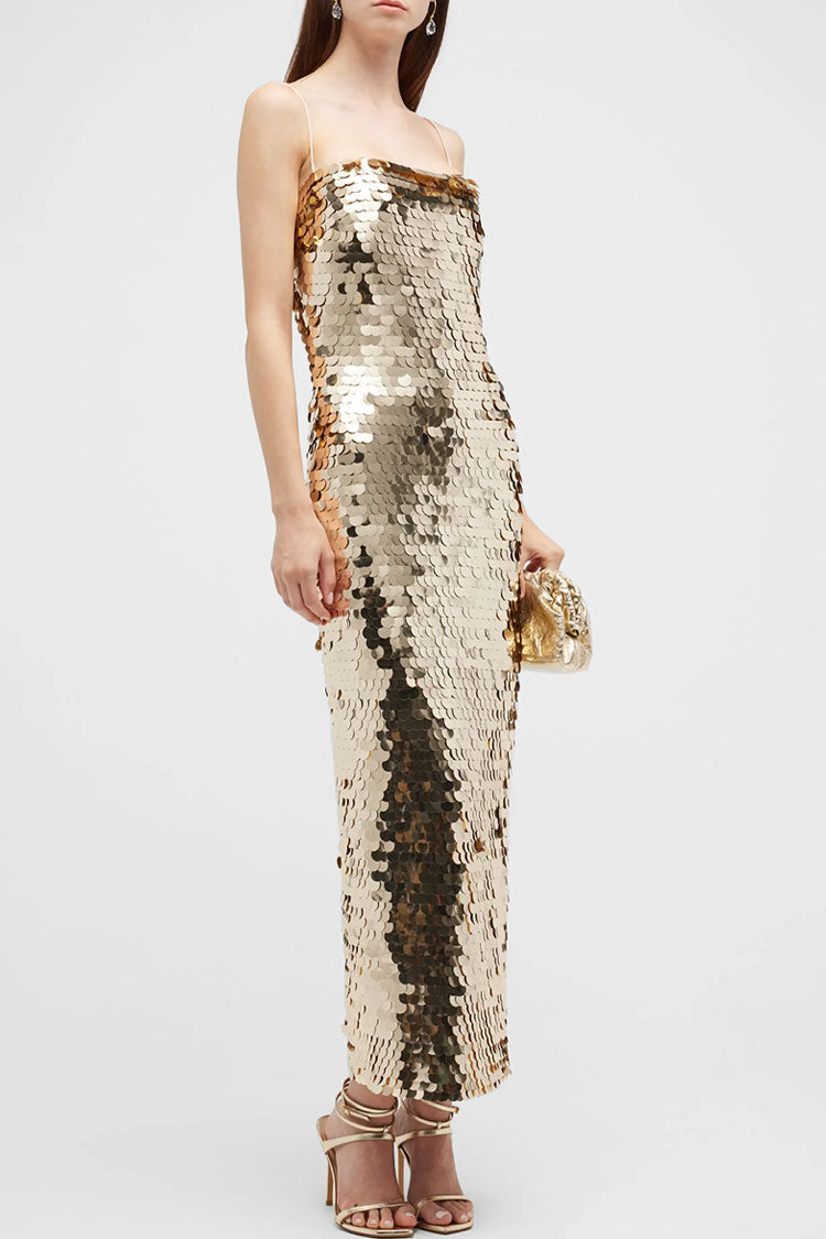 Square Sparkly Neck Spaghetti Strap Bodycon Sequin Cocktail Midi Dress - Gold