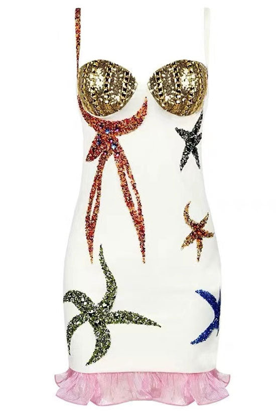 Sequined Starfish Sequin Bandage Cocktail Party Mini Dress - White