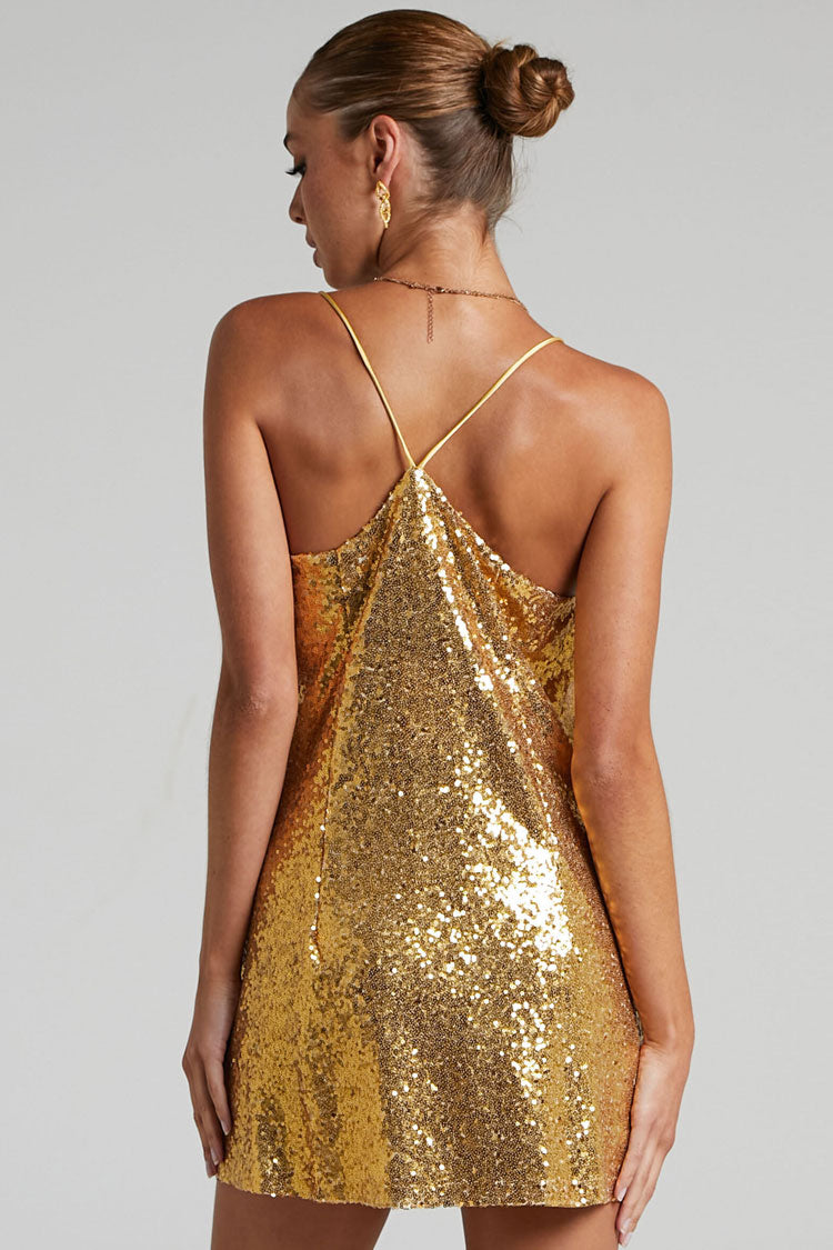 Shimmer V Neck Spaghetti Strap A Line Sequin Party Mini Dress - Gold