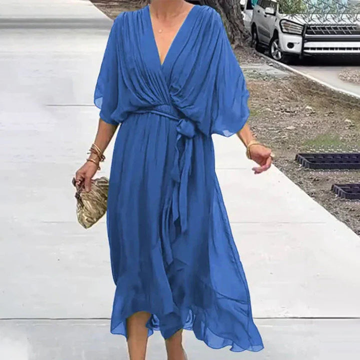 Minimalist Natasha Midi Dress with V Neckline and Loose Sleeves Chic Silhouette Collection