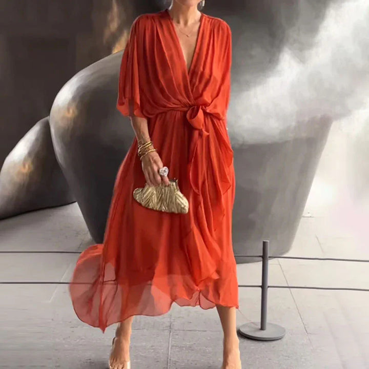 Minimalist Natasha Midi Dress with V Neckline and Loose Sleeves Chic Silhouette Collection