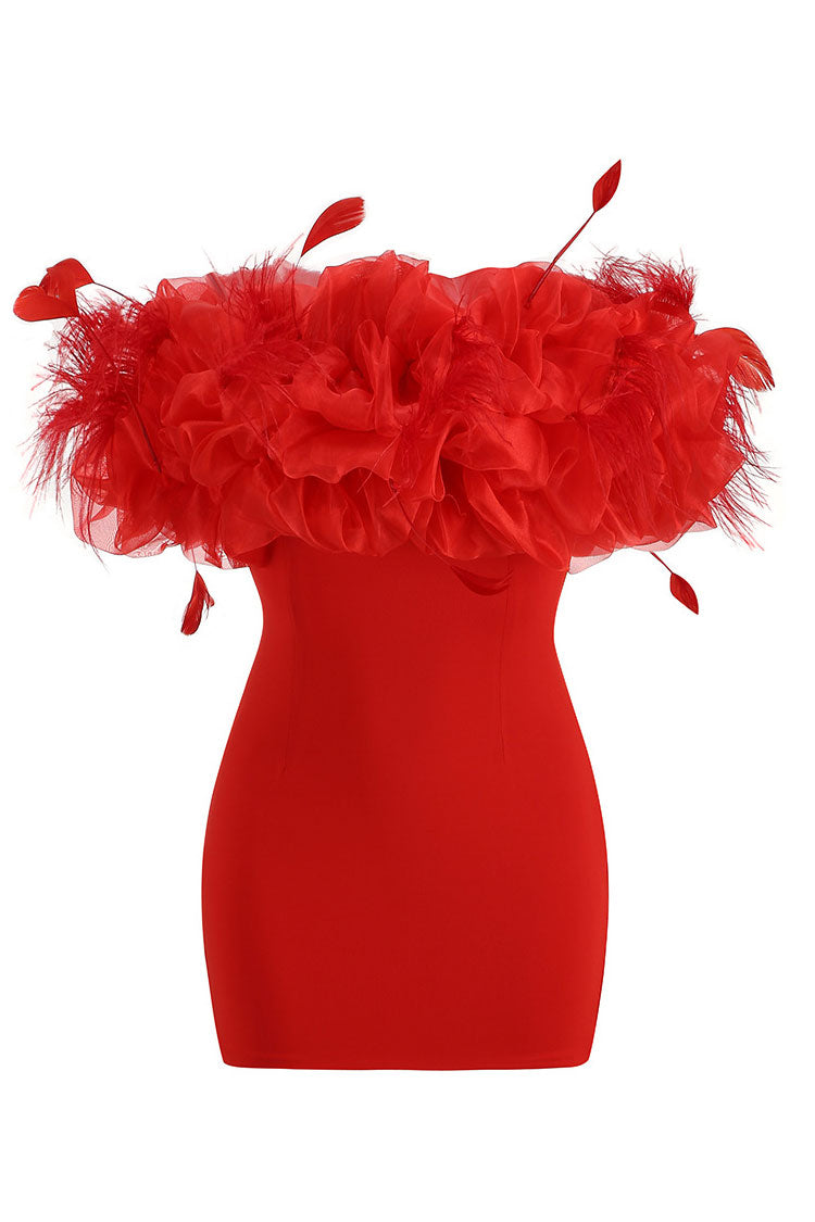Feather Striking Trim Ruffle Off Shoulder Bodycon Bandage Party Mini Dress - Red