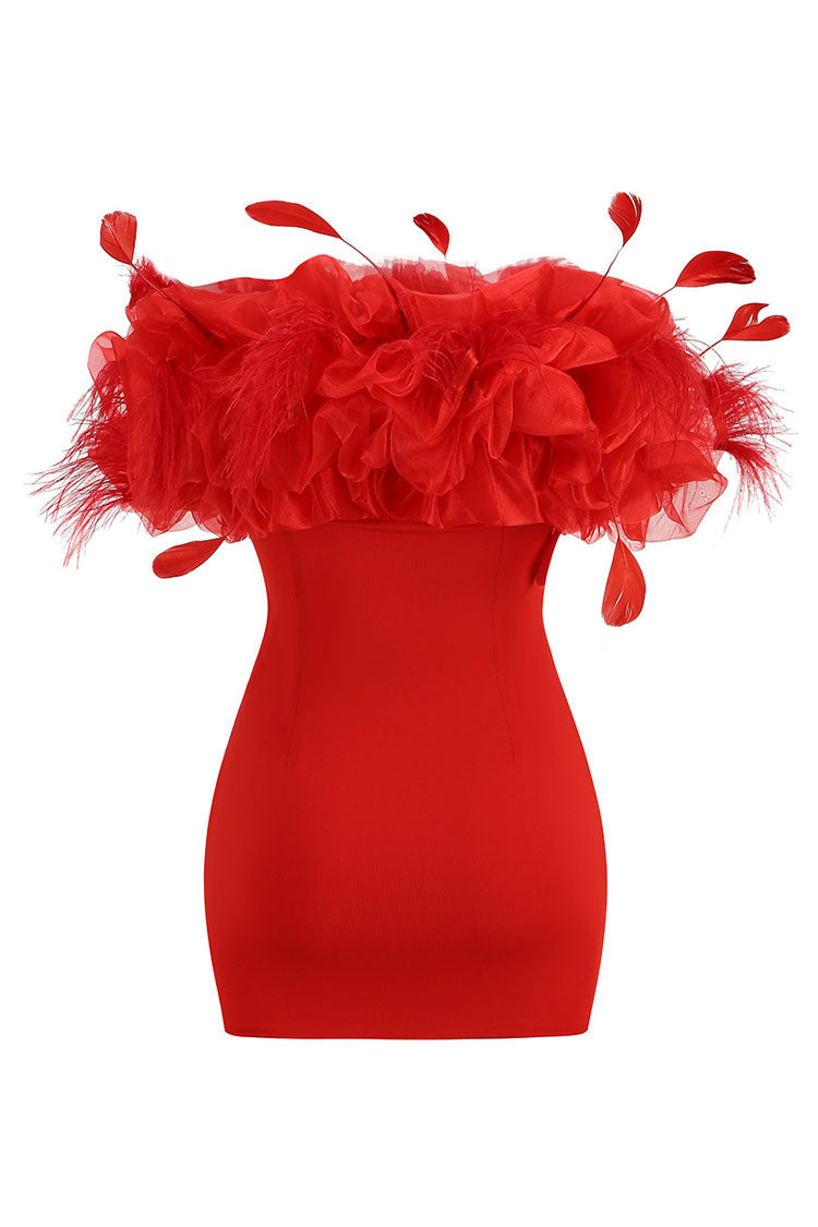 Feather Striking Trim Ruffle Off Shoulder Bodycon Bandage Party Mini Dress - Red
