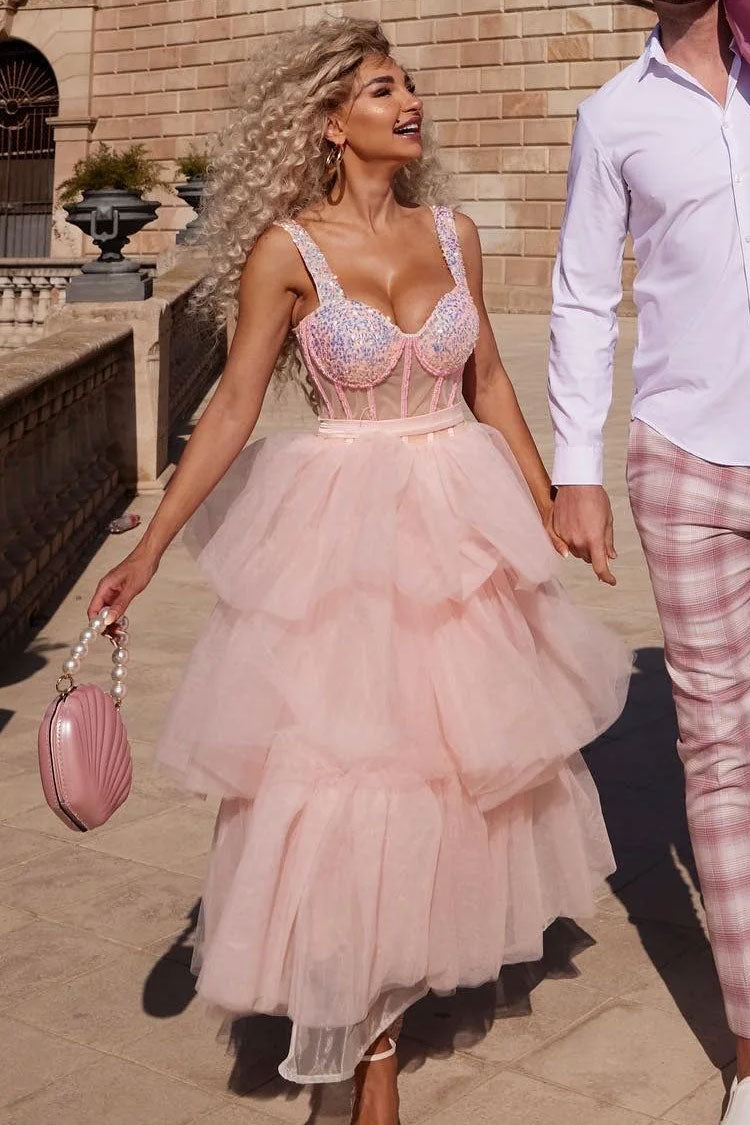 Off Stunning Shoulder Bustier Sheer Corset Layered Tulle Cocktail Midi Dress - Pink