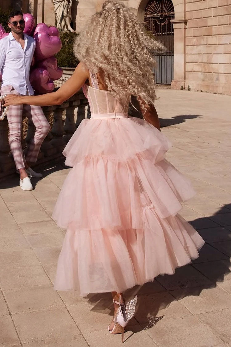 Off Stunning Shoulder Bustier Sheer Corset Layered Tulle Cocktail Midi Dress - Pink