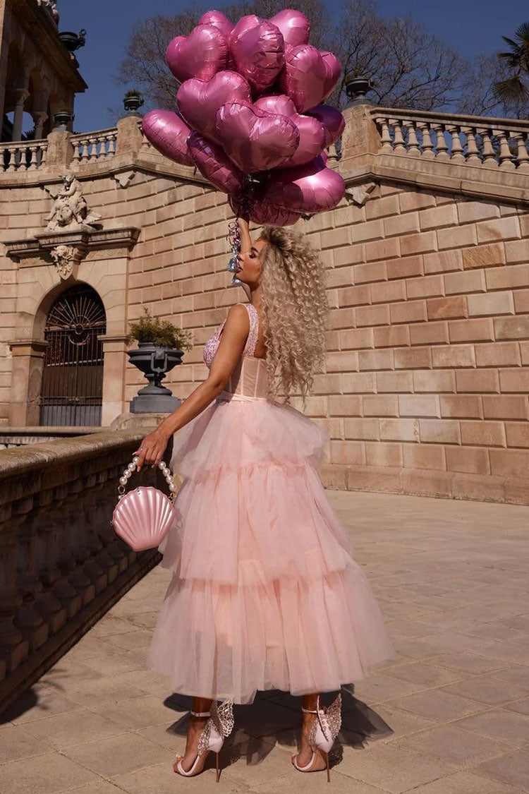 Off Stunning Shoulder Bustier Sheer Corset Layered Tulle Cocktail Midi Dress - Pink