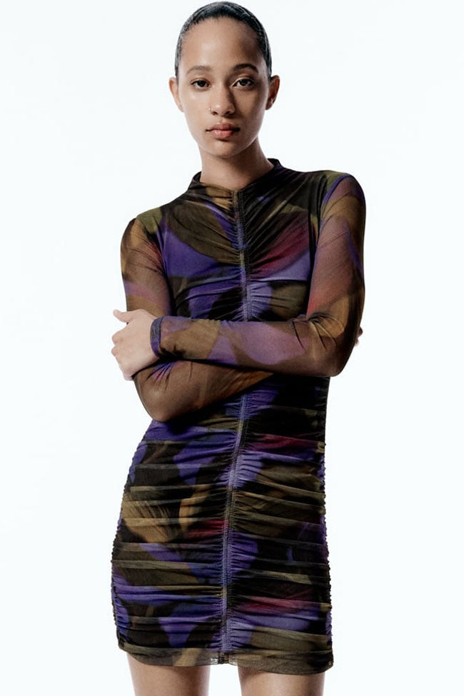 Printed Stylish Long Sleeve Mesh Ruched Bodycon Party Mini Dress - Purple