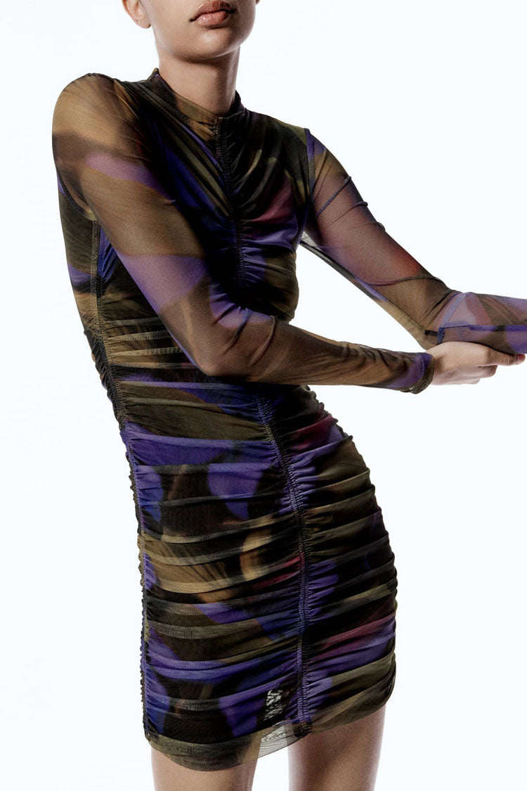 Printed Stylish Long Sleeve Mesh Ruched Bodycon Party Mini Dress - Purple