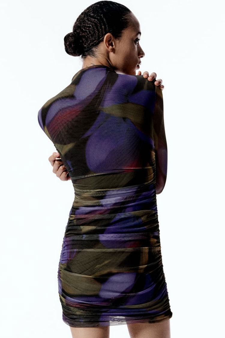 Printed Stylish Long Sleeve Mesh Ruched Bodycon Party Mini Dress - Purple