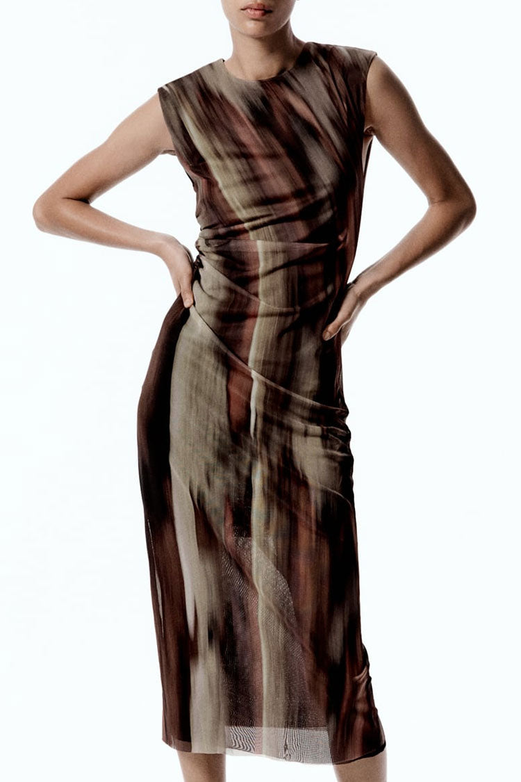 Printed Stylish Sleeveless Mesh Ruched Bodycon Midi Dress - Coffee
