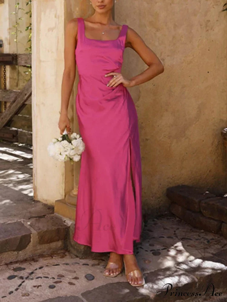 Halter Summer Satin Charming Bridesmaid Prom Midi Dresses